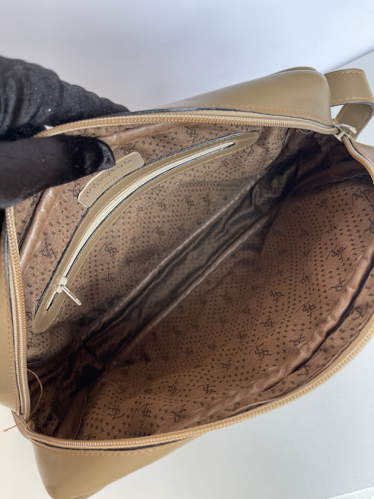 Yves Saint Laurent Striped Coated Canvas Shoulder Bag Beige