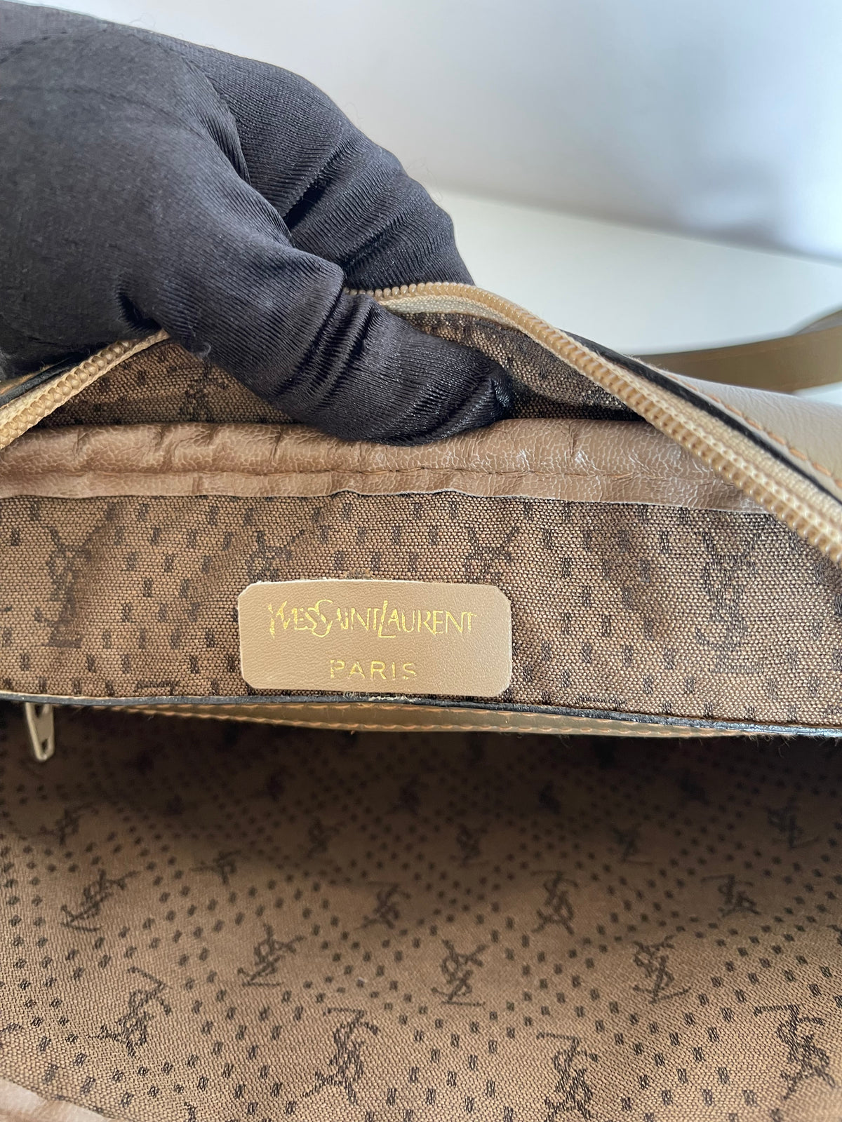 Yves Saint Laurent Striped Coated Canvas Shoulder Bag Beige