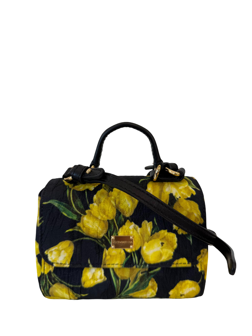 Dolce Gabbana Black/ Yellow Tulip Print Bambino Miss Sicily Top Handle Bag