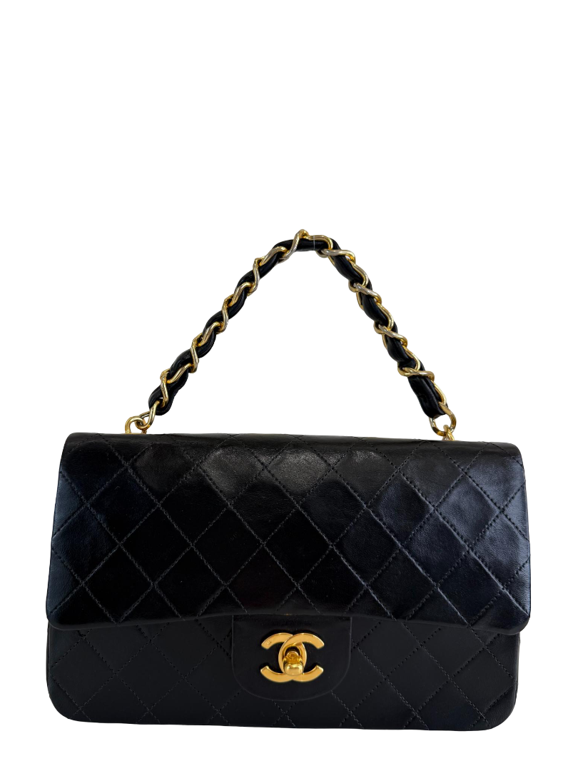 Chanel Classic Vintage Black Quilted Lambskin Leather Top Handle Chain Bag