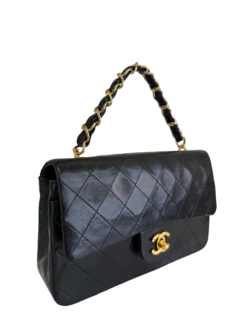 Chanel Classic Vintage Black Quilted Lambskin Leather Top Handle Chain Bag
