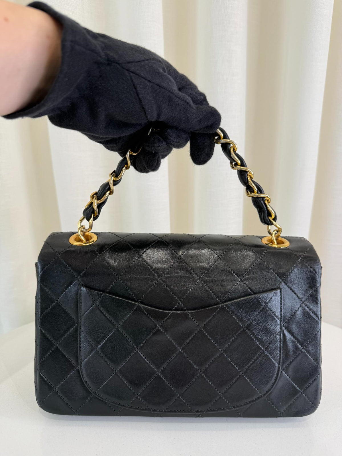 Chanel Classic Vintage Black Quilted Lambskin Leather Top Handle Chain Bag