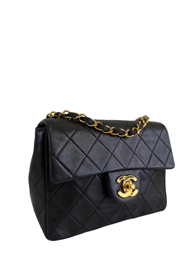 Chanel Classic Mini Square Black Quilted Lambskin Leather Flap Bag