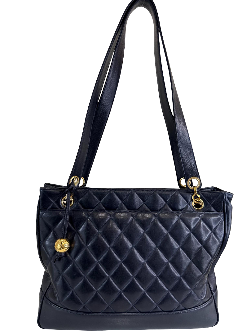 Chanel Vintage Black Quilted Lambskin Leather Chain Tote Bag