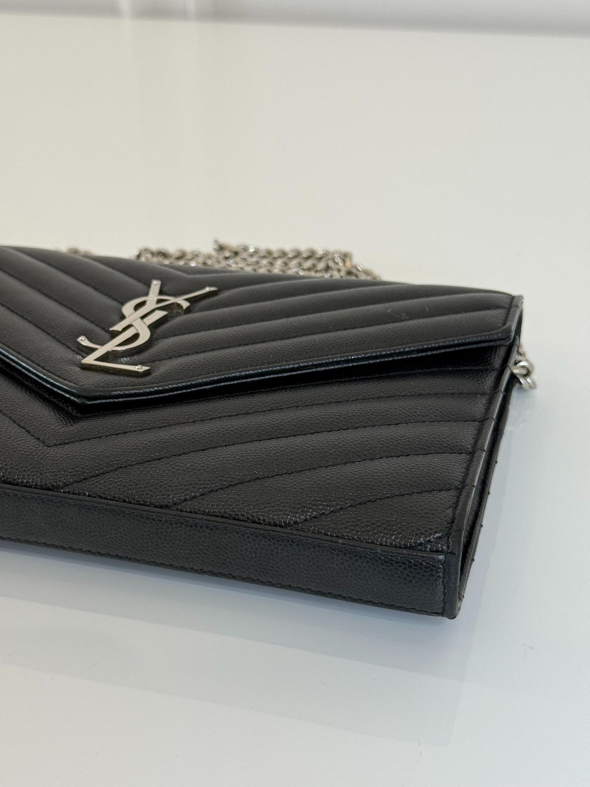 Saint Laurent Cassandre Envelope Black Grain De Poudre Leather Wallet on Chain