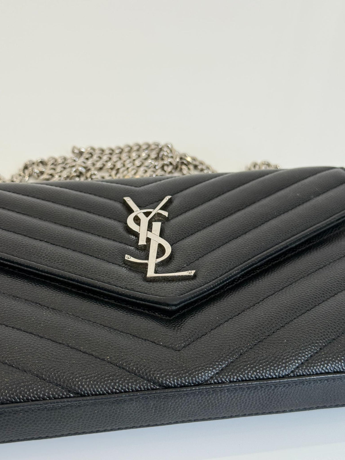 Saint Laurent Cassandre Envelope Black Grain De Poudre Leather Wallet on Chain