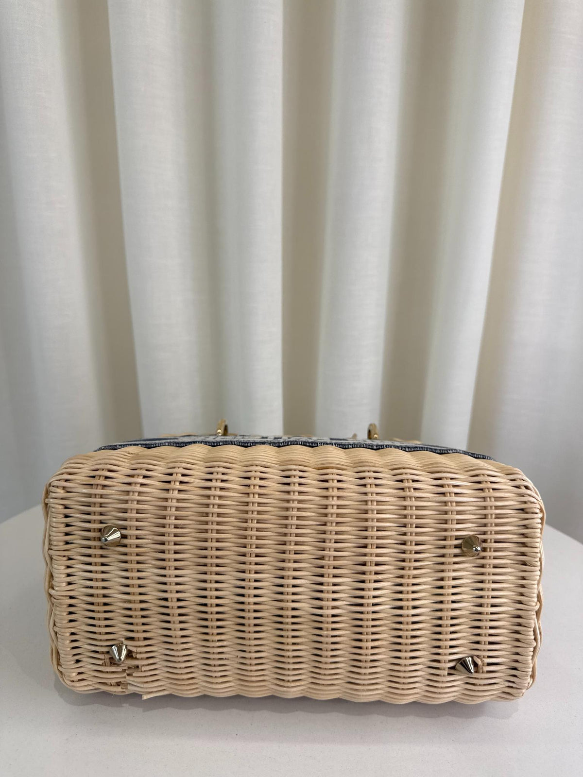 Christian Dior Natural Wicker/Blue Oblique Canvas Medium Lady Dior Bag