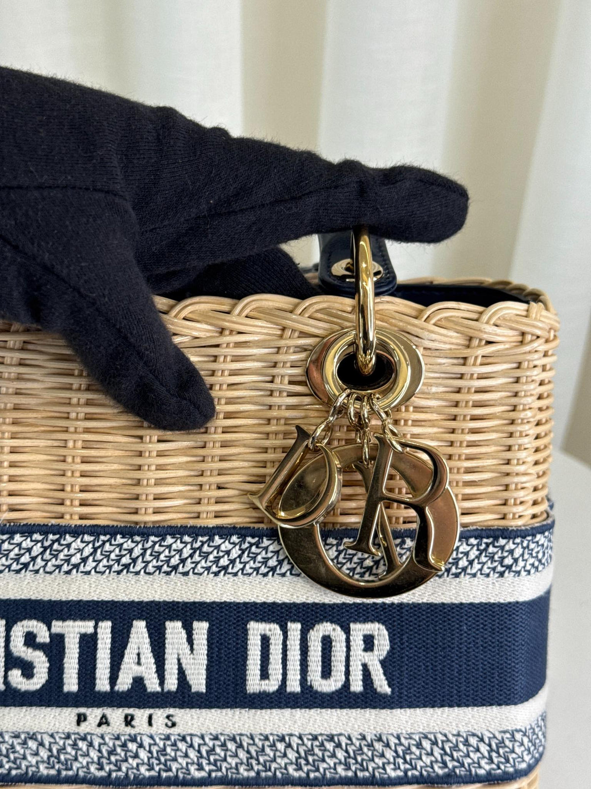Christian Dior Natural Wicker/Blue Oblique Canvas Medium Lady Dior Bag