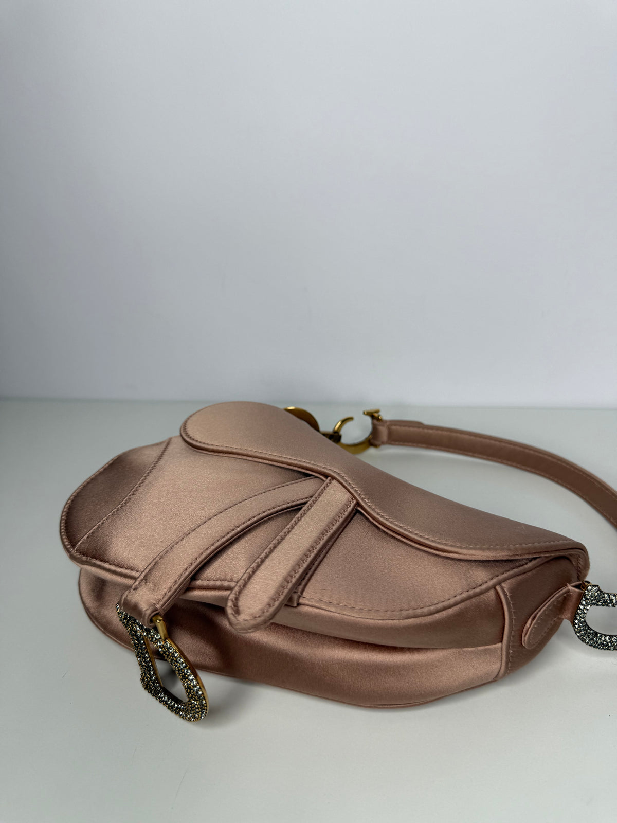 Christian Dior Satin Crystal Mini Saddle Bag Powder Beige