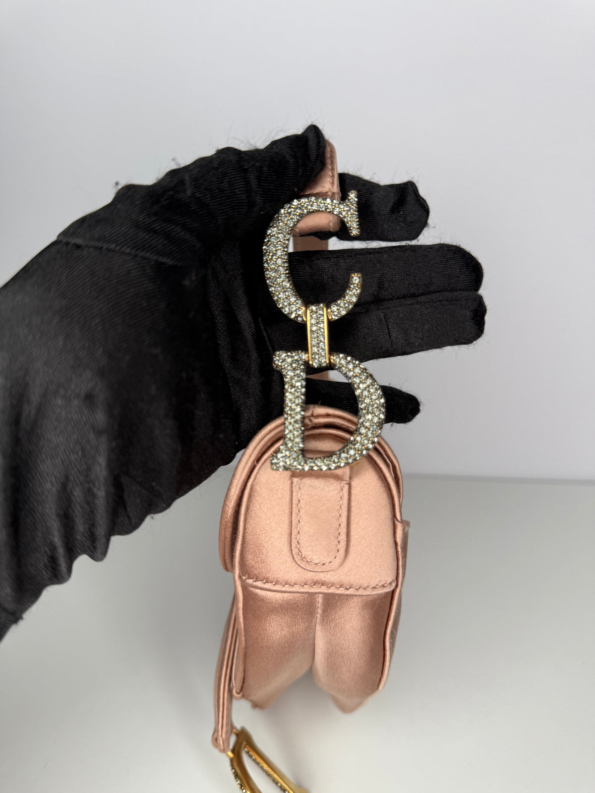 Christian Dior Satin Crystal Mini Saddle Bag Powder Beige