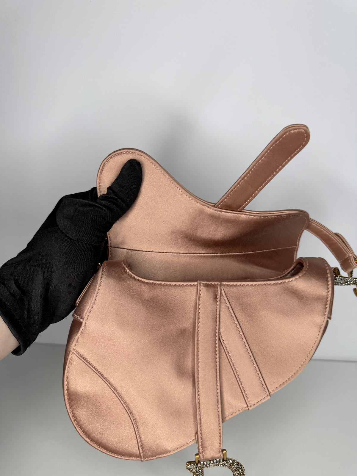 Christian Dior Satin Crystal Mini Saddle Bag Powder Beige