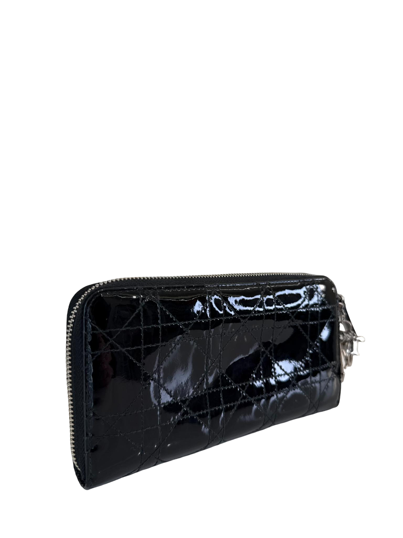 Christian Dior Black Cannage Quilted Patent Leather Zippy Wallet