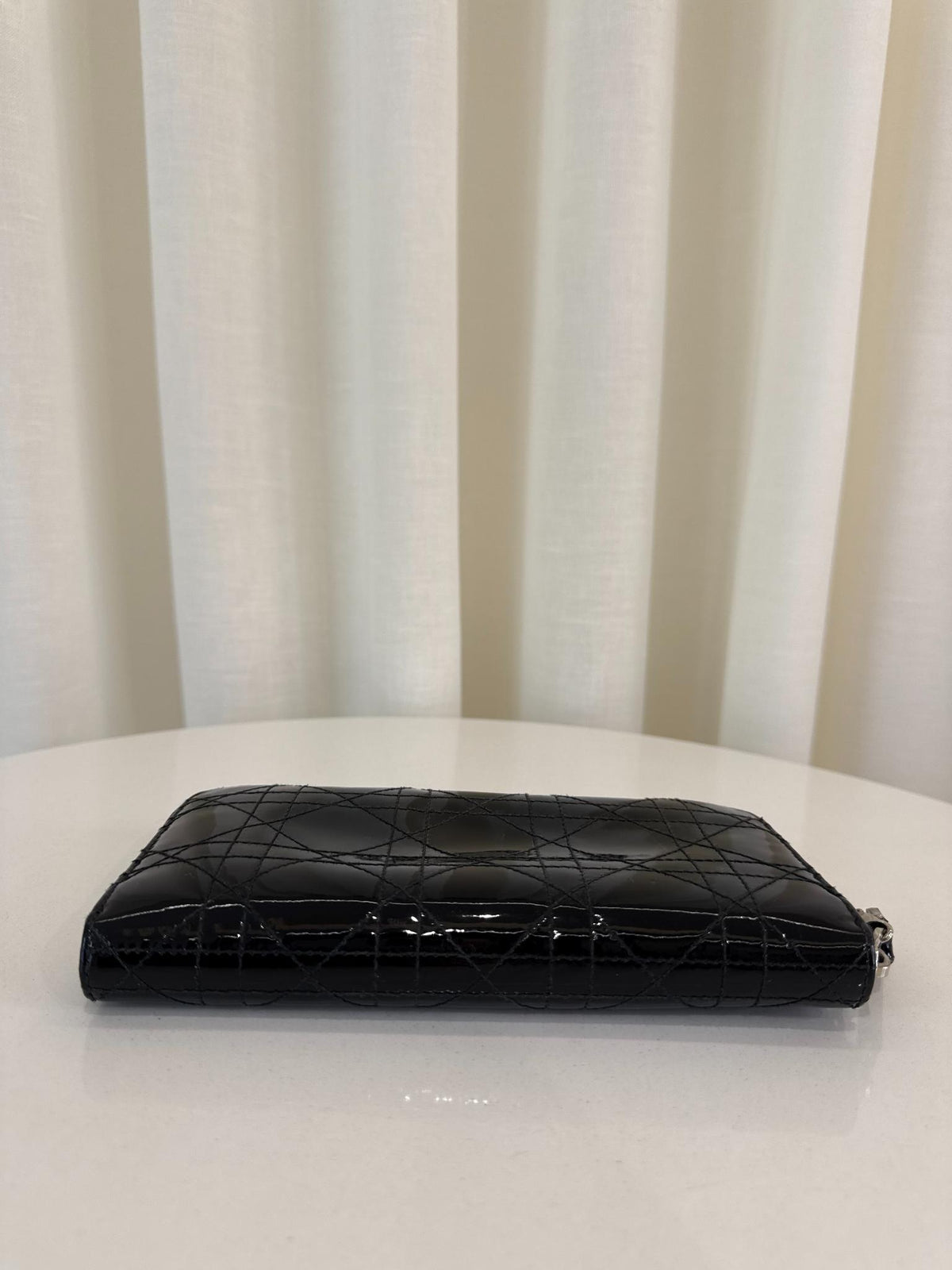 Christian Dior Black Cannage Quilted Patent Leather Zippy Wallet