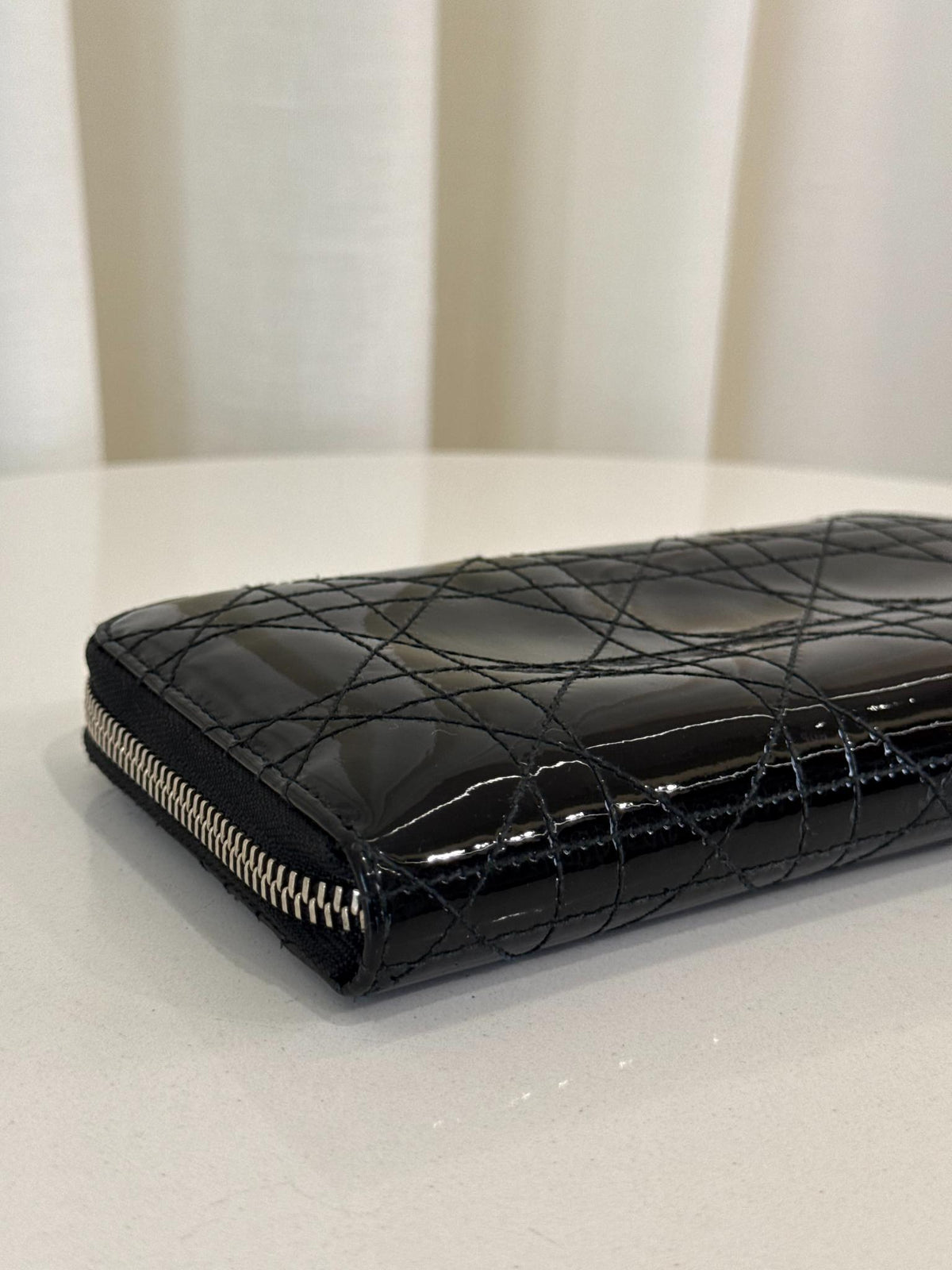 Christian Dior Black Cannage Quilted Patent Leather Zippy Wallet