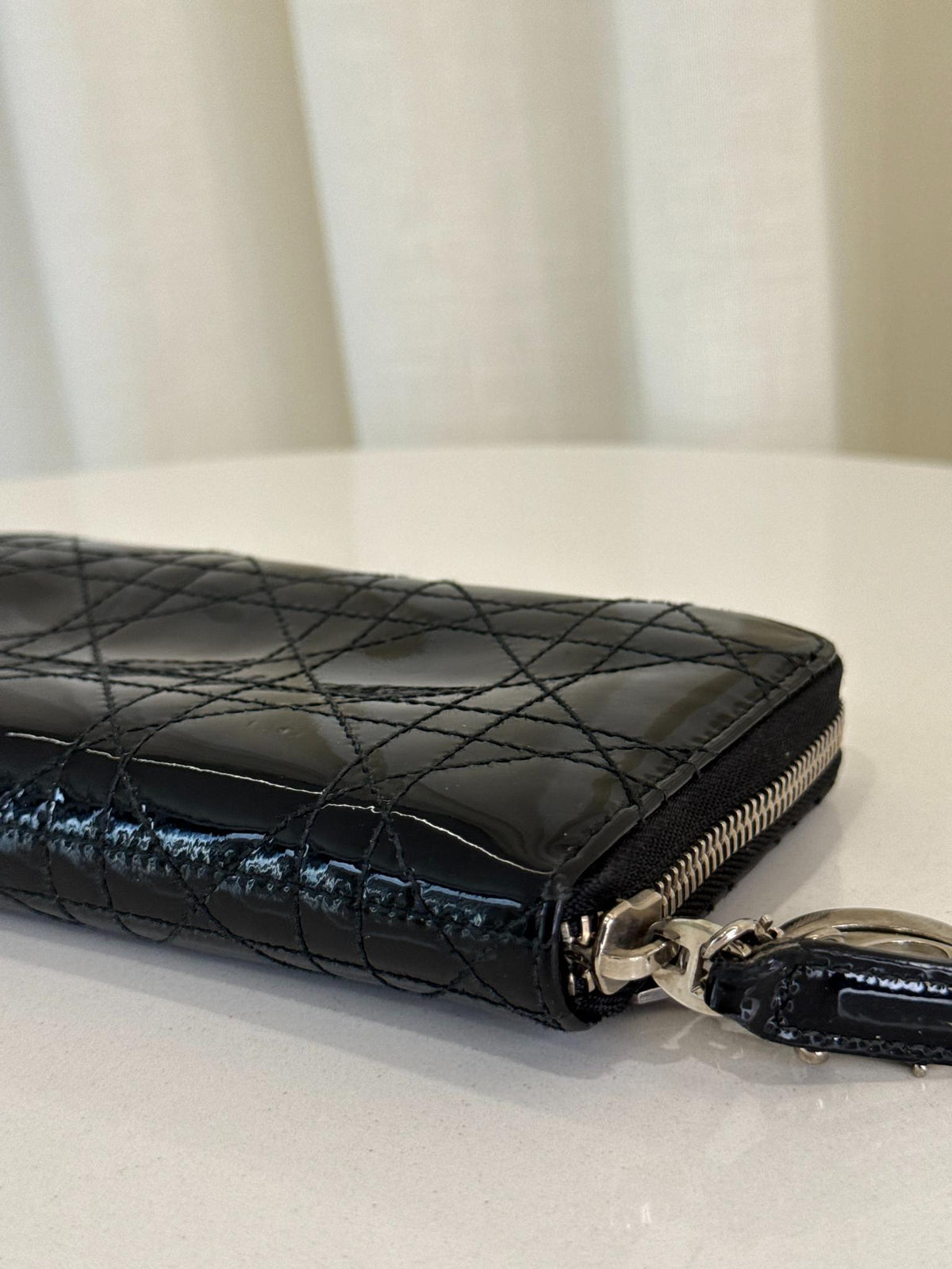 Christian Dior Black Cannage Quilted Patent Leather Zippy Wallet