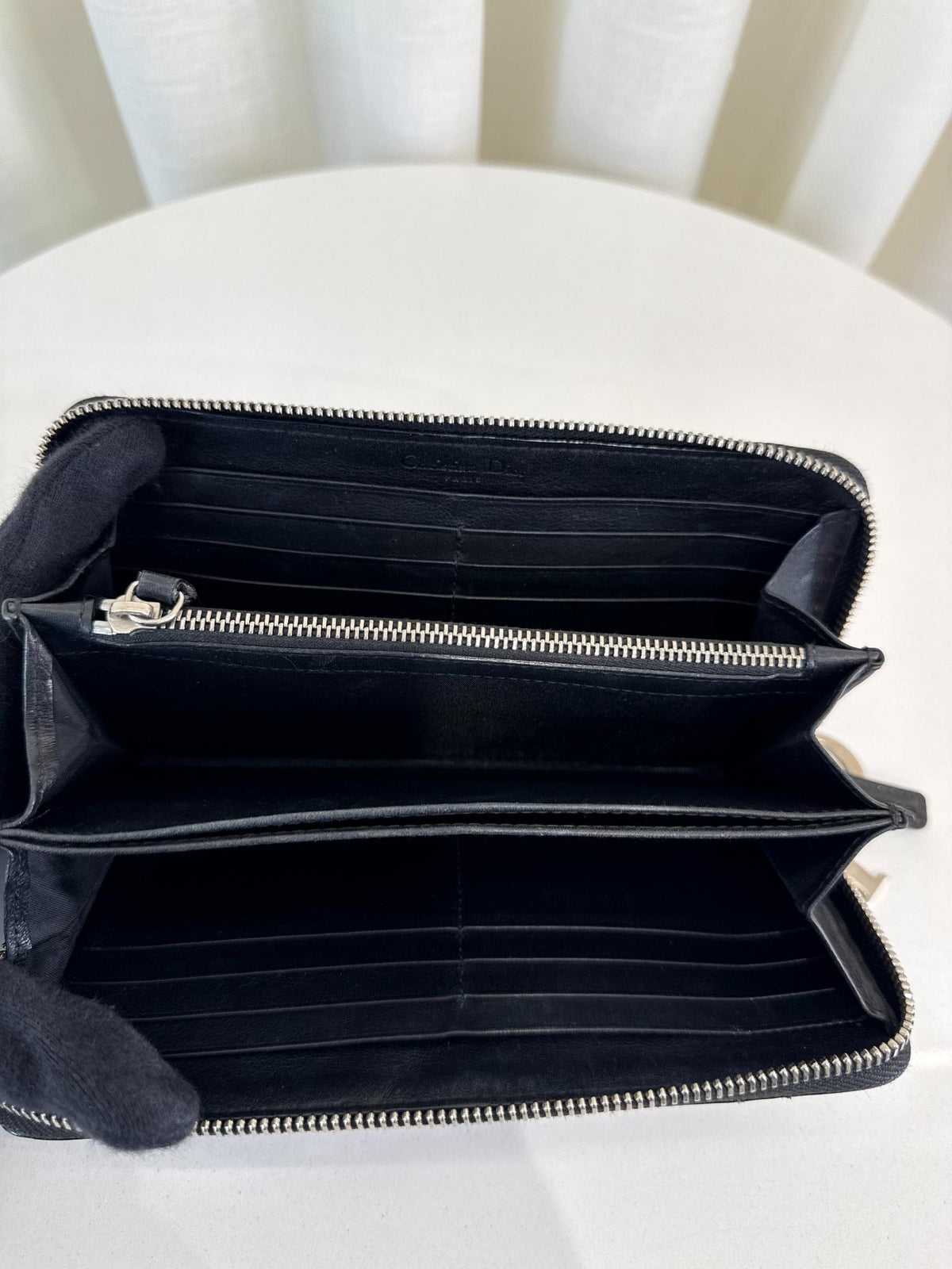 Christian Dior Black Cannage Quilted Patent Leather Zippy Wallet