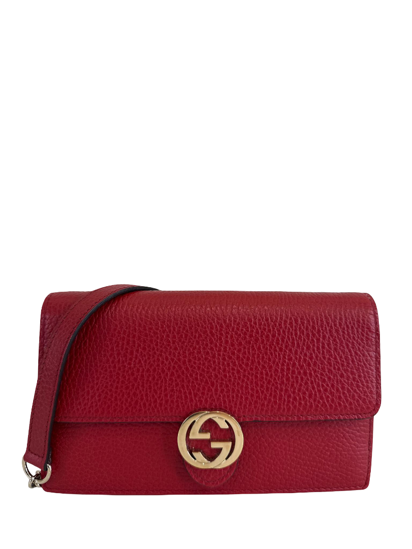 Gucci Red Interlocking G Chain Leather Wallet on Chain