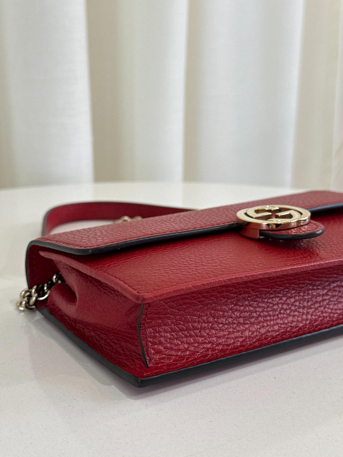 Gucci Red Interlocking G Chain Leather Wallet on Chain