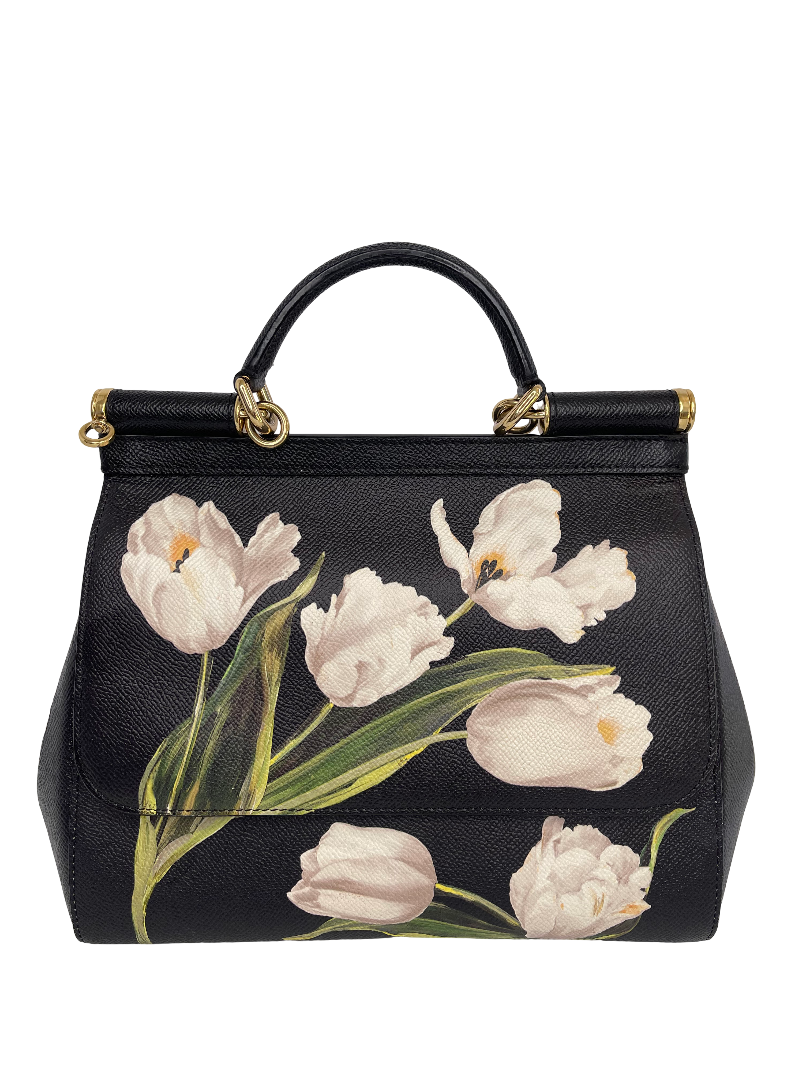 Dolce & Gabbana Medium Miss Sicily Black Tulip Print Leather Bag