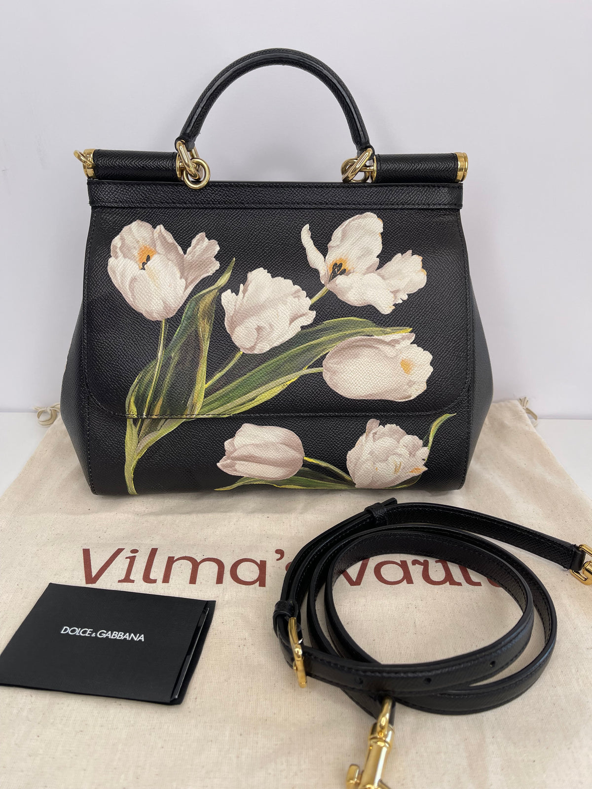 Dolce & Gabbana Medium Miss Sicily Black Tulip Print Leather Bag