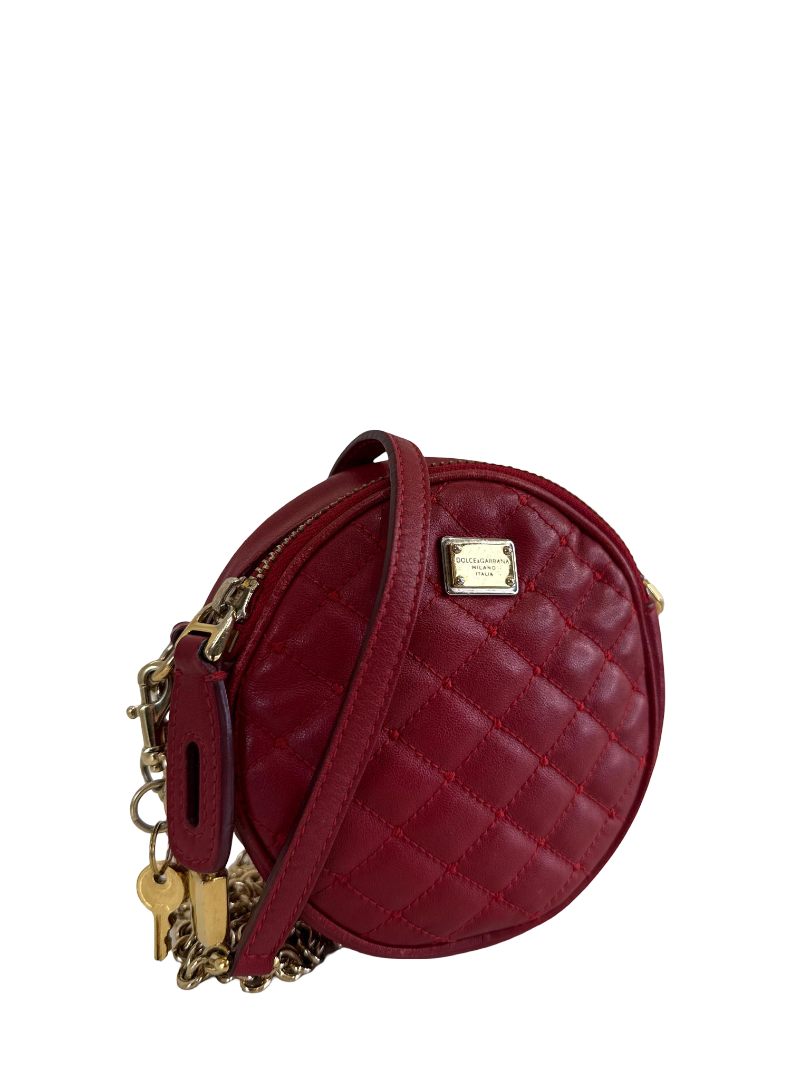 Dolce Gabbana Red Quilted Leather Round Crossbody Bag