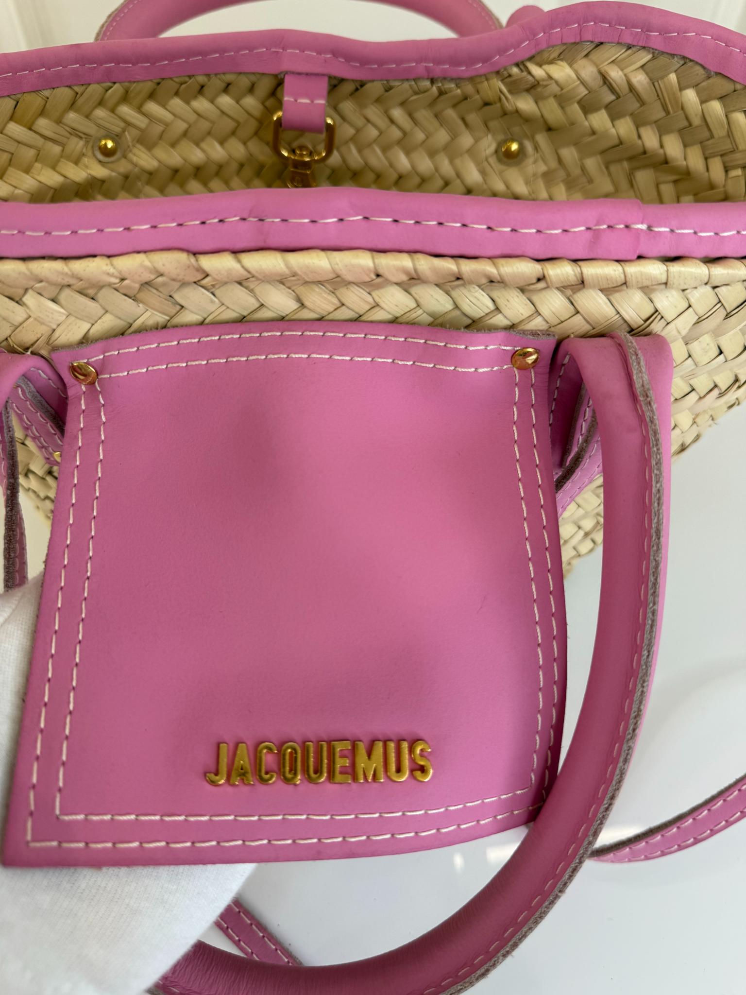 Jacquemus Le Petit Panier Soli Raffia and Pink Leather Trim Basket Bag