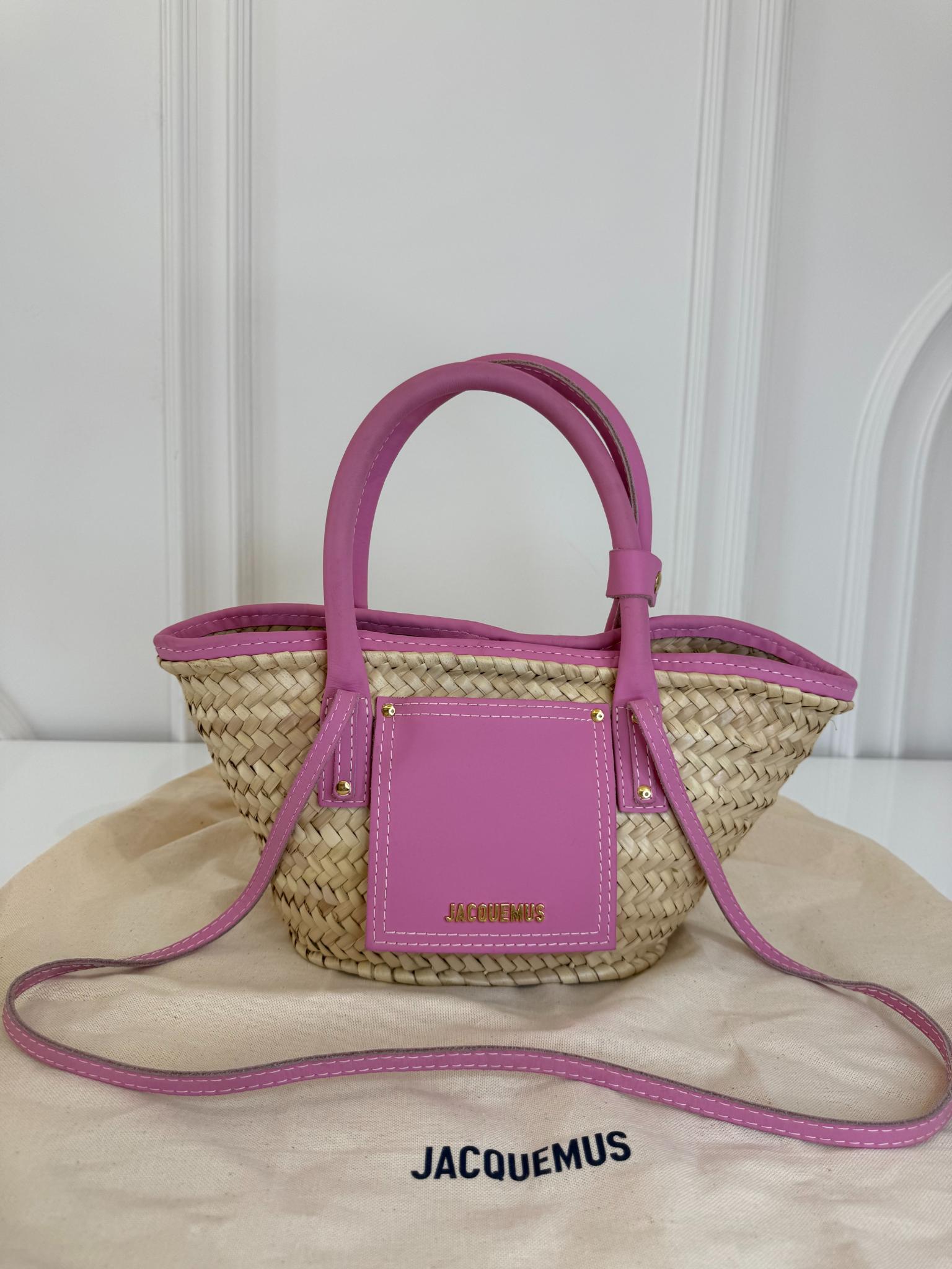 Jacquemus Le Petit Panier Soli Raffia and Pink Leather Trim Basket Bag