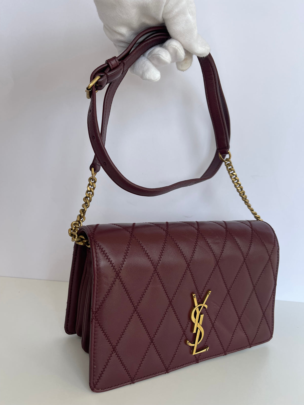 Saint Laurent Lambskin Burgundy Diamond Quilted Angie Chain Bag