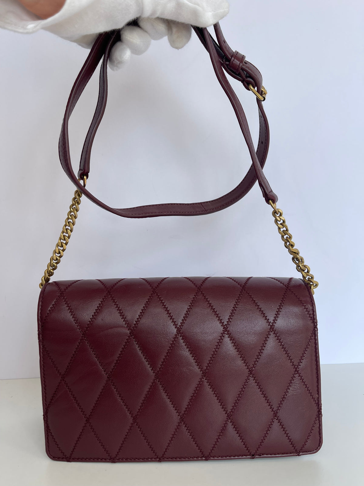 Saint Laurent Lambskin Burgundy Diamond Quilted Angie Chain Bag