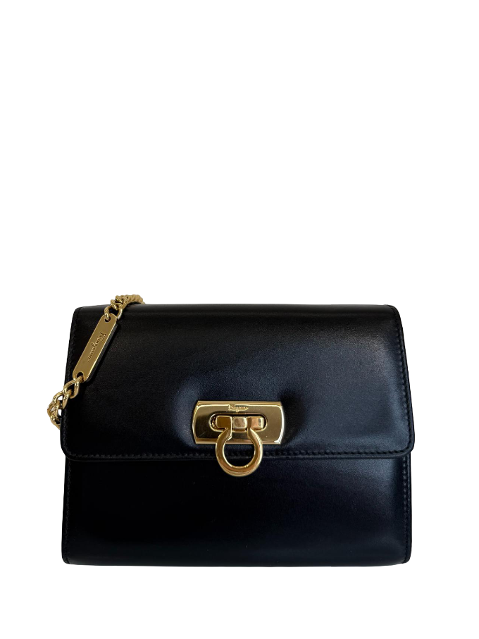 Salvatore Ferragamo Vintage Gancini Black Leather Chain Crossbody Bag