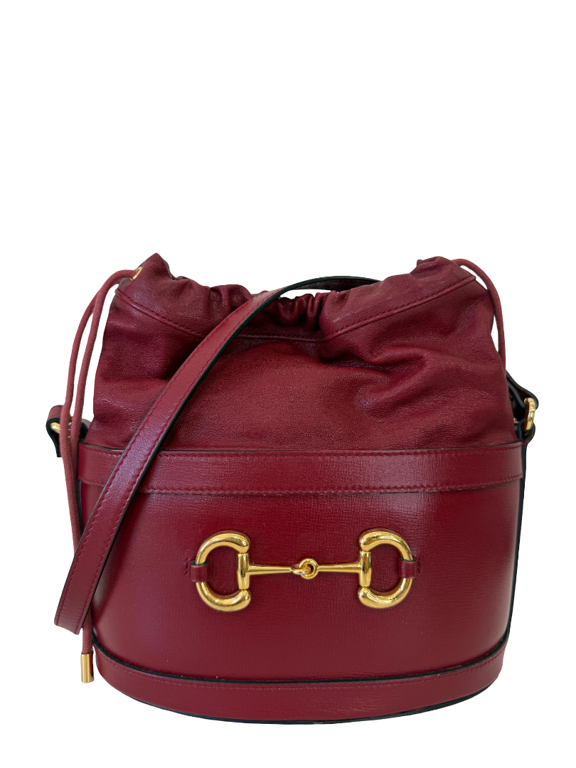 Gucci Calfskin Horsebit 1955 Drawstring Bucket Rosso Ancora