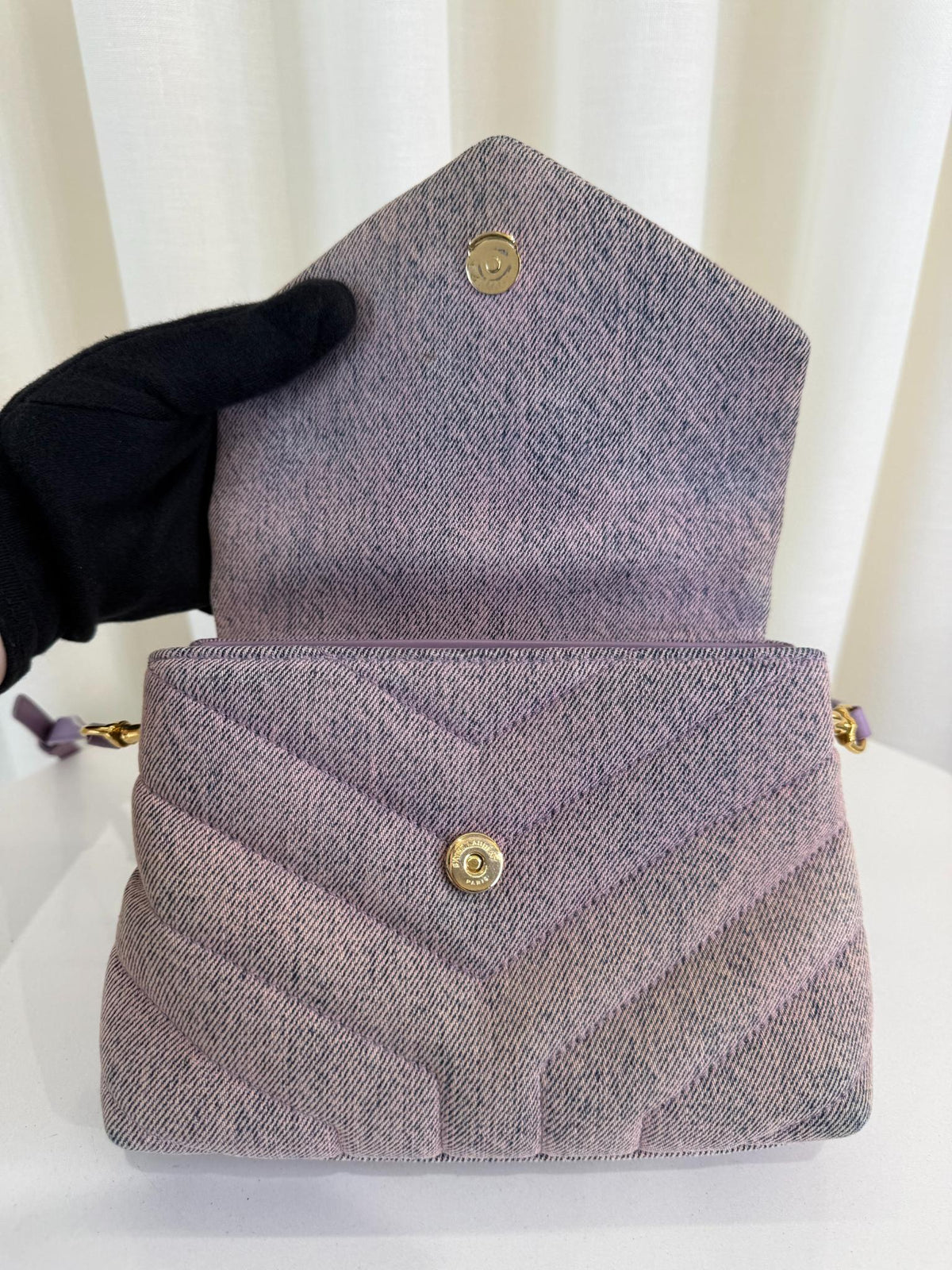 Saint Laurent Toy LouLou Purple Chevron Quilted Denim Crossbody Bag