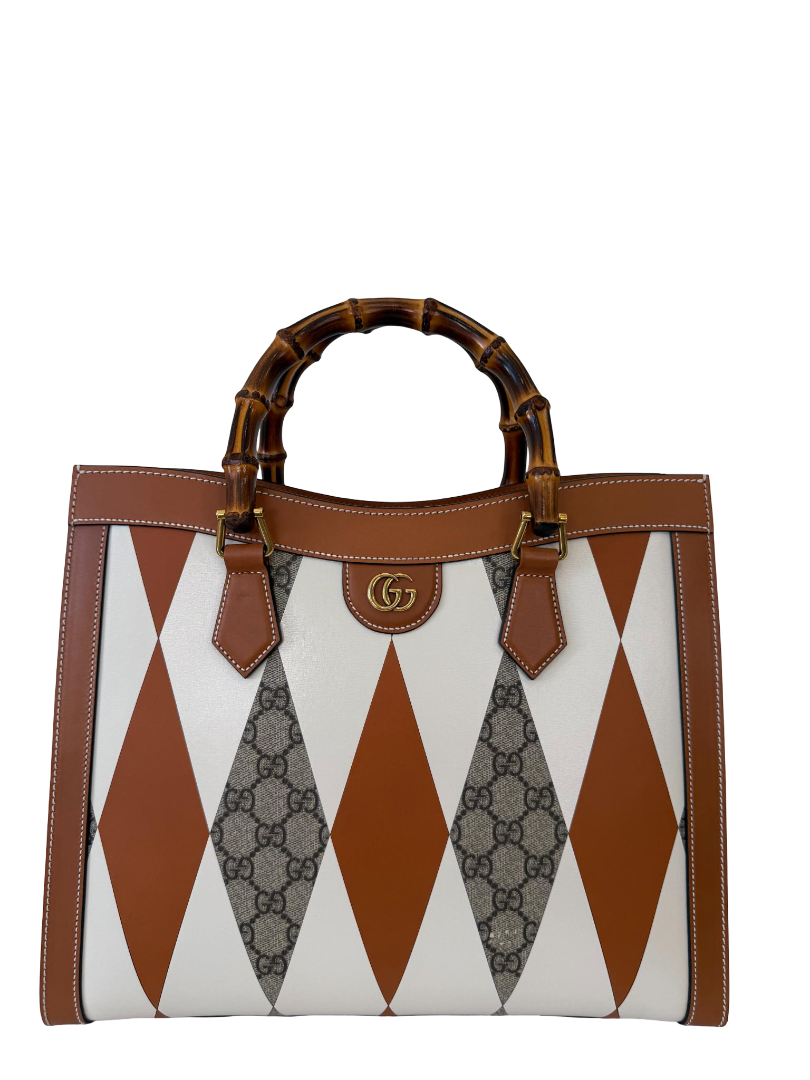 Gucci Diana Brown/White Calfskin Rhombus Print Large Bamboo Handle Tote