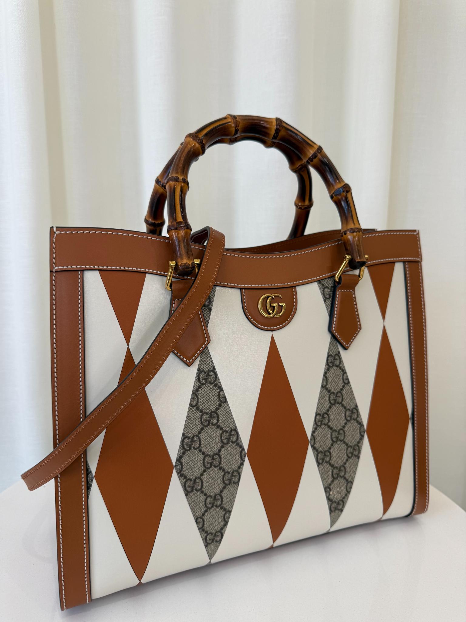 Gucci Diana Brown/White Calfskin Rhombus Print Large Bamboo Handle Tote