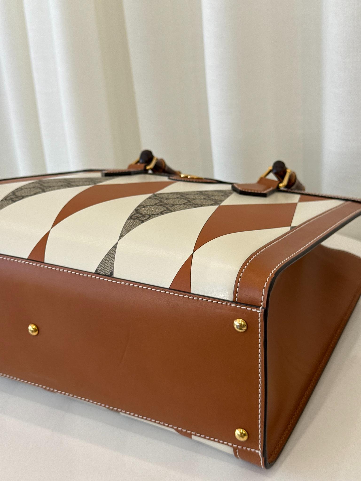 Gucci Diana Brown/White Calfskin Rhombus Print Large Bamboo Handle Tote