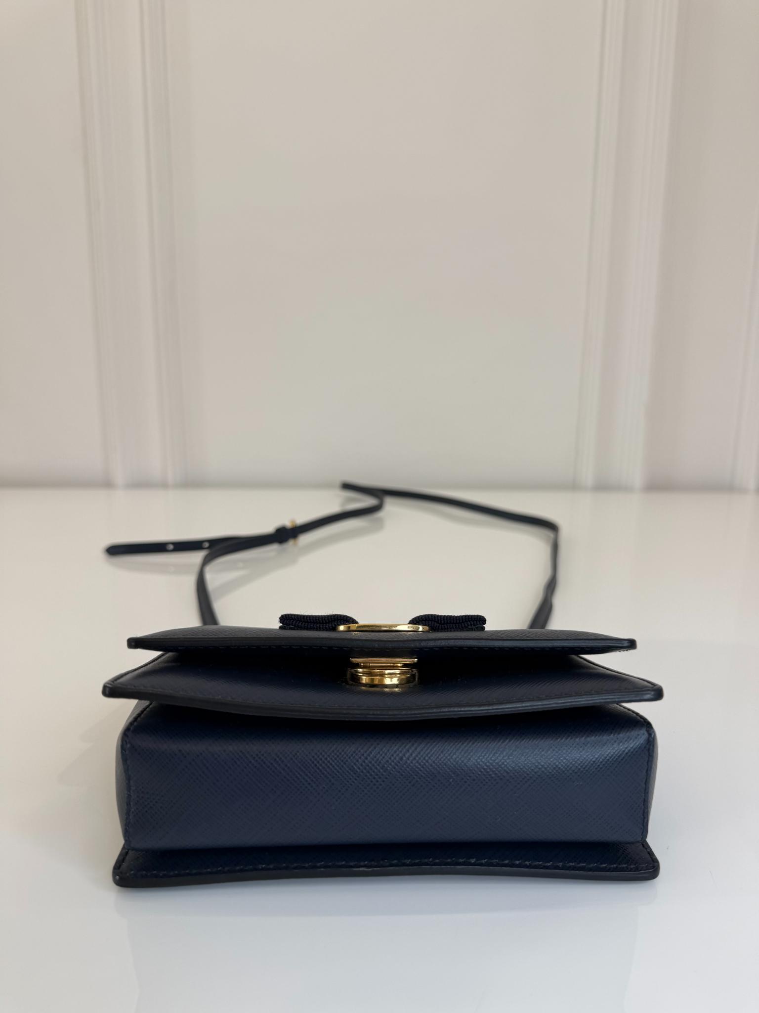 Salvatore Ferragamo Dark Blue Leather Vara Bow Chain Mini Crossbody Bag