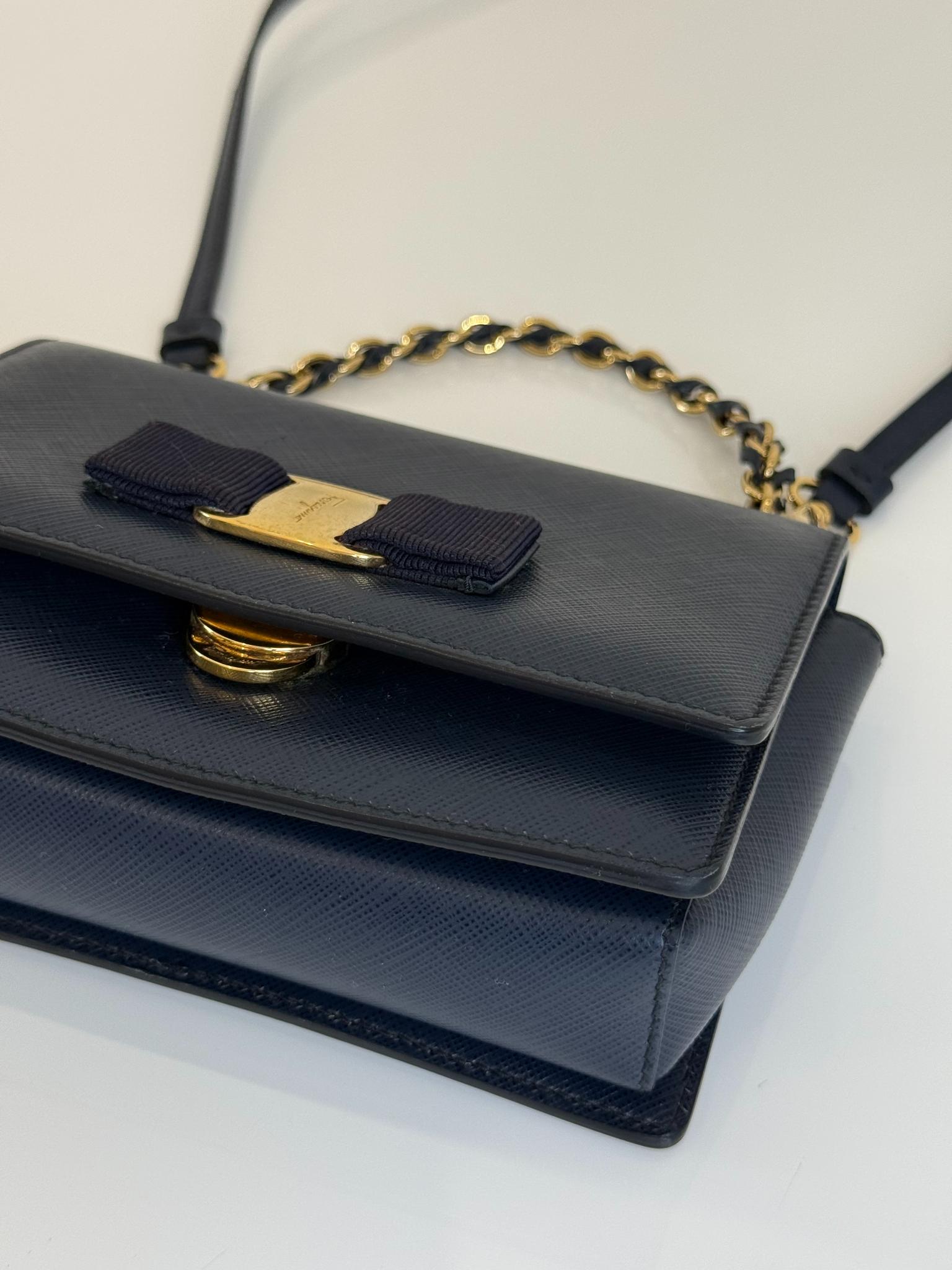 Salvatore Ferragamo Dark Blue Leather Vara Bow Chain Mini Crossbody Bag
