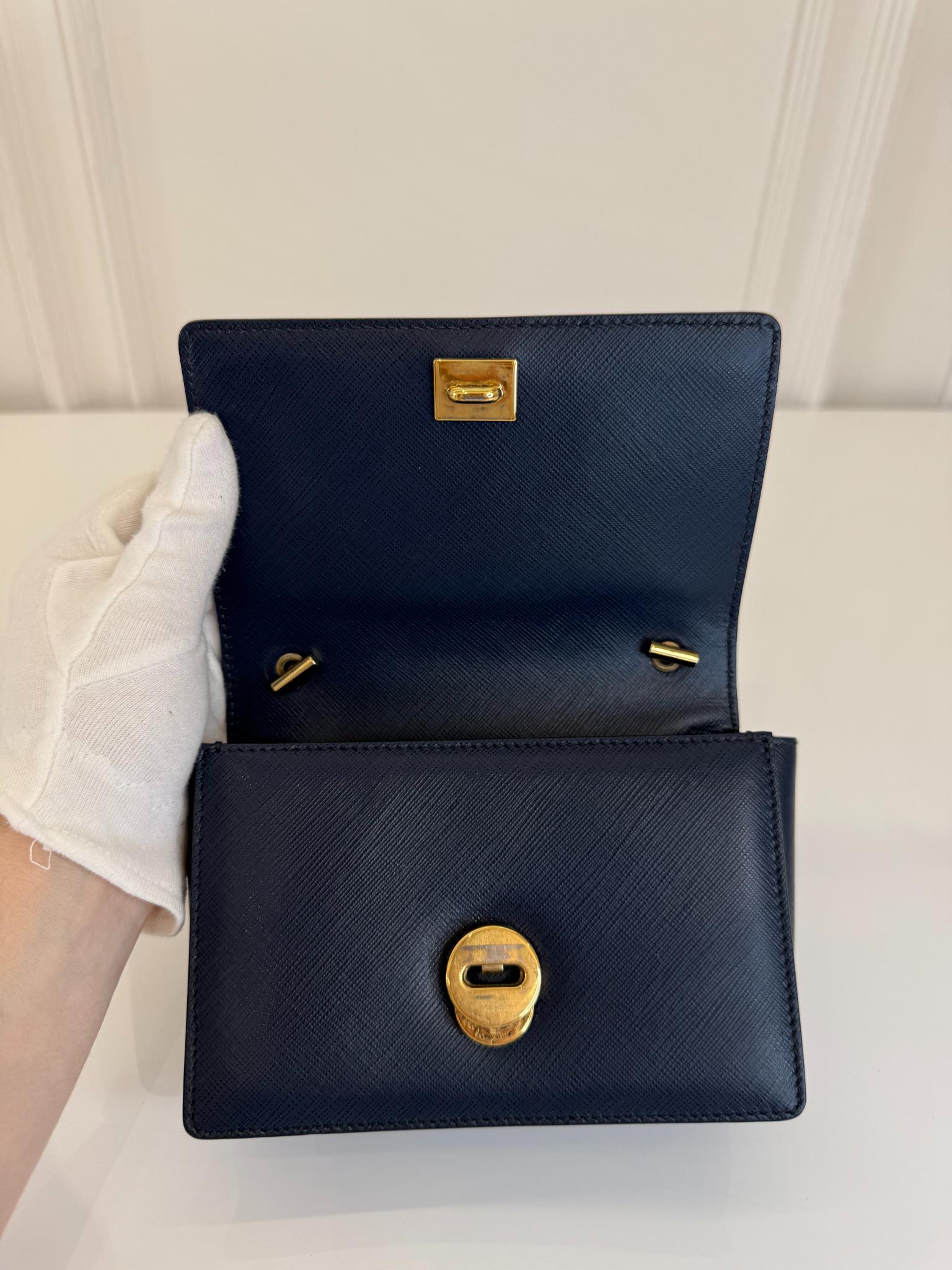 Salvatore Ferragamo Dark Blue Leather Vara Bow Chain Mini Crossbody Bag