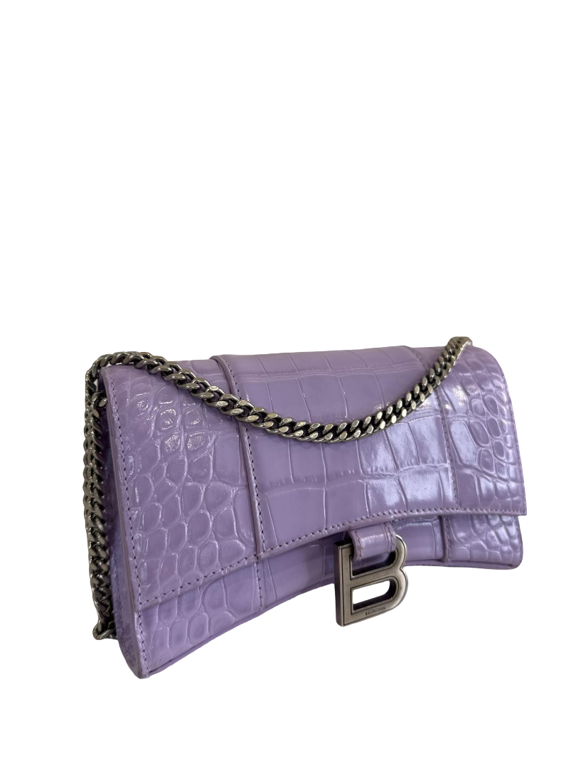 Balenciaga Hourglass Light Purple Croc Embossed Leather Wallet On Chain