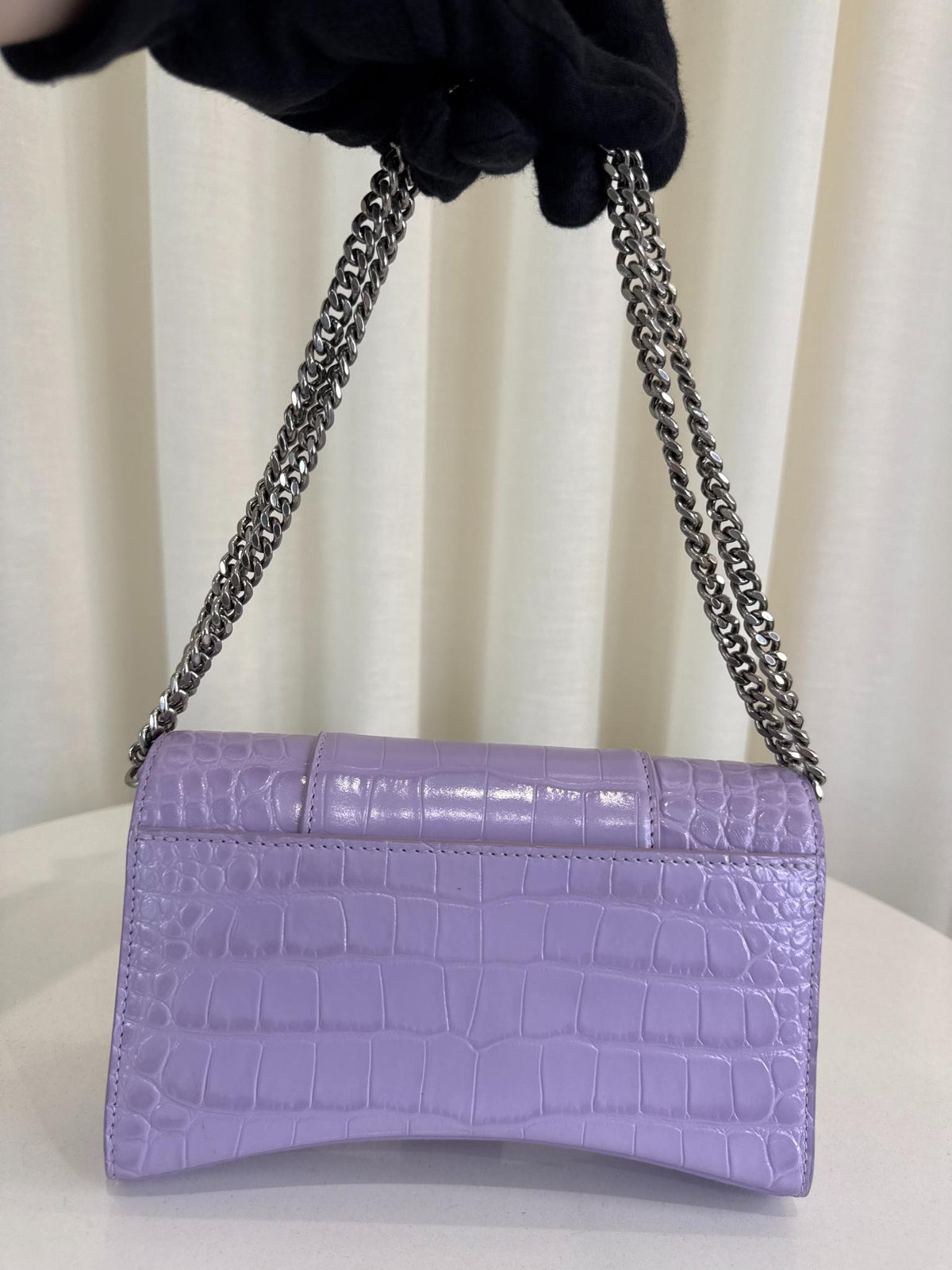 Balenciaga Hourglass Light Purple Croc Embossed Leather Wallet On Chain
