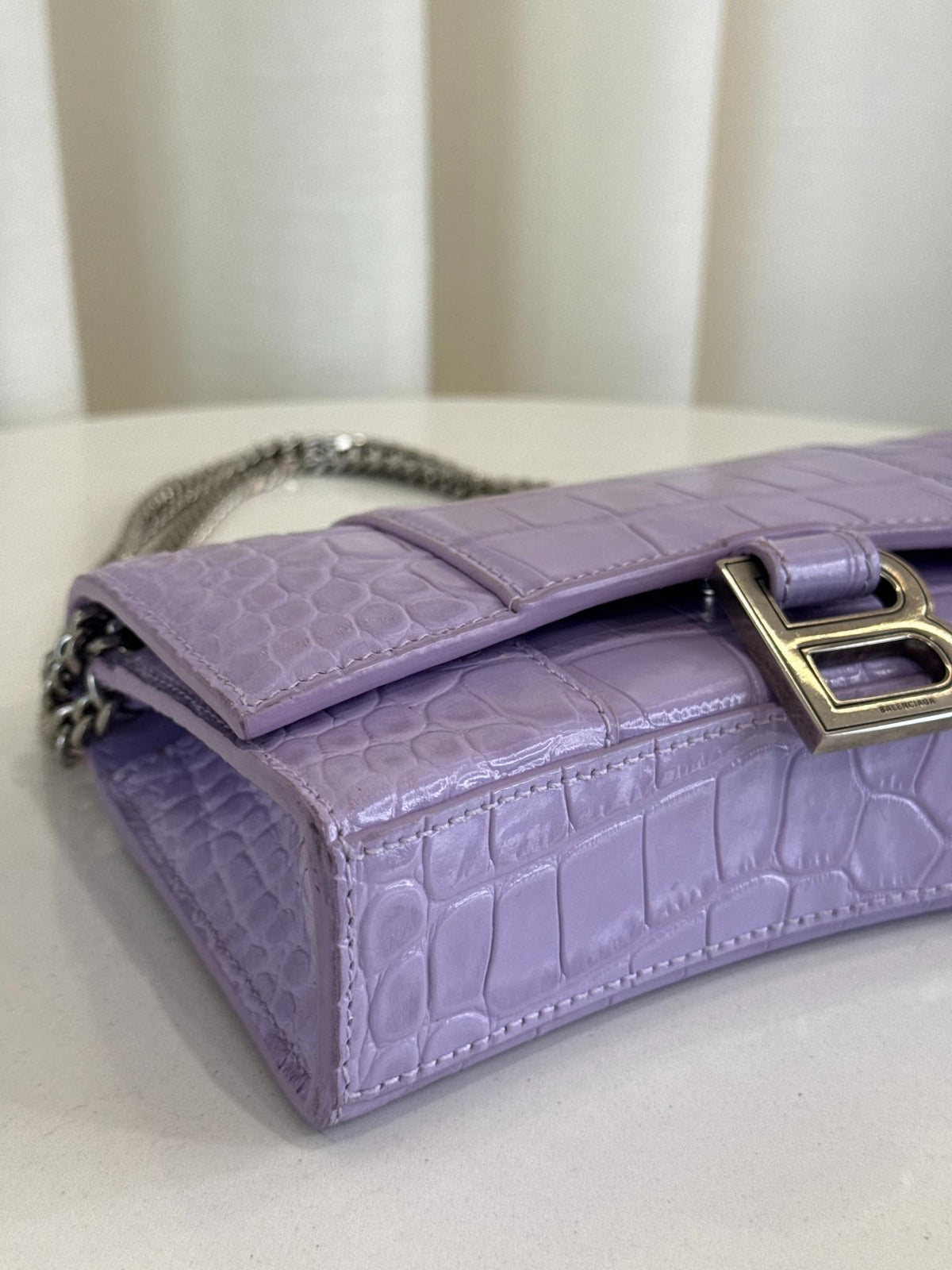 Balenciaga Hourglass Light Purple Croc Embossed Leather Wallet On Chain
