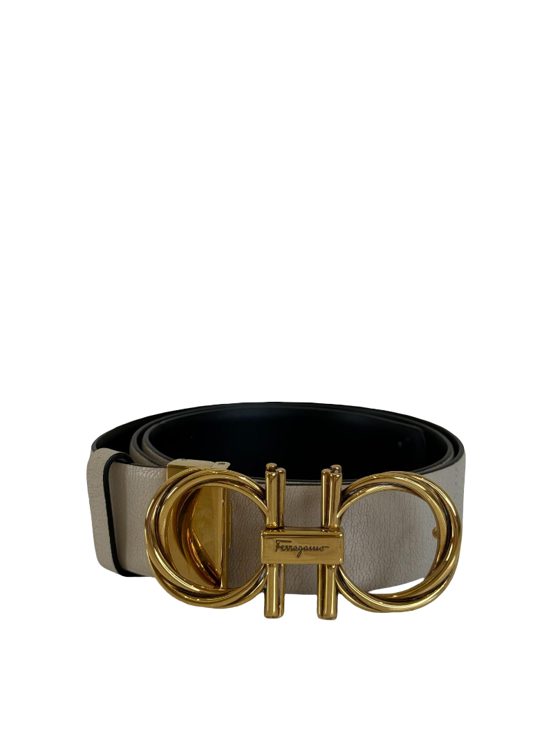 Salvatore Ferragamo Bone/Black Leather Reversible Belt
