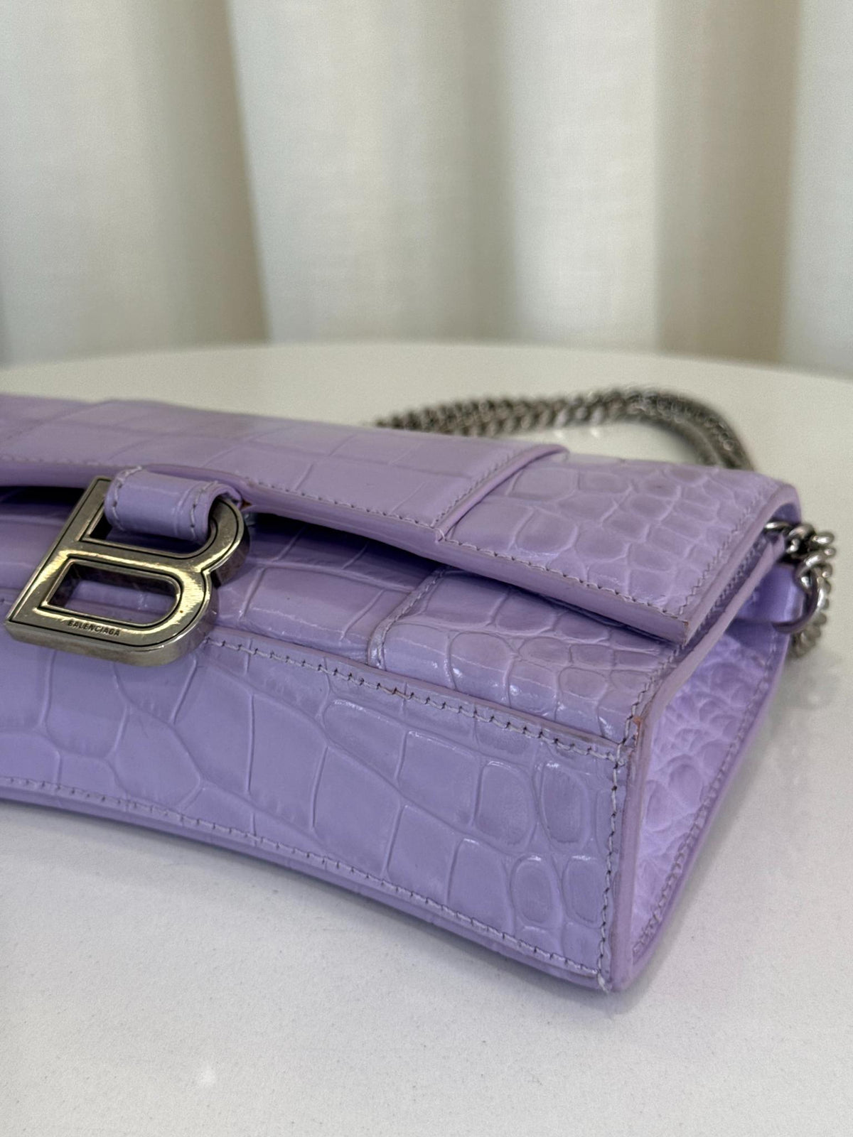 Balenciaga Hourglass Light Purple Croc Embossed Leather Wallet On Chain