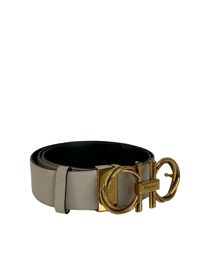 Salvatore Ferragamo Bone/Black Leather Reversible Belt