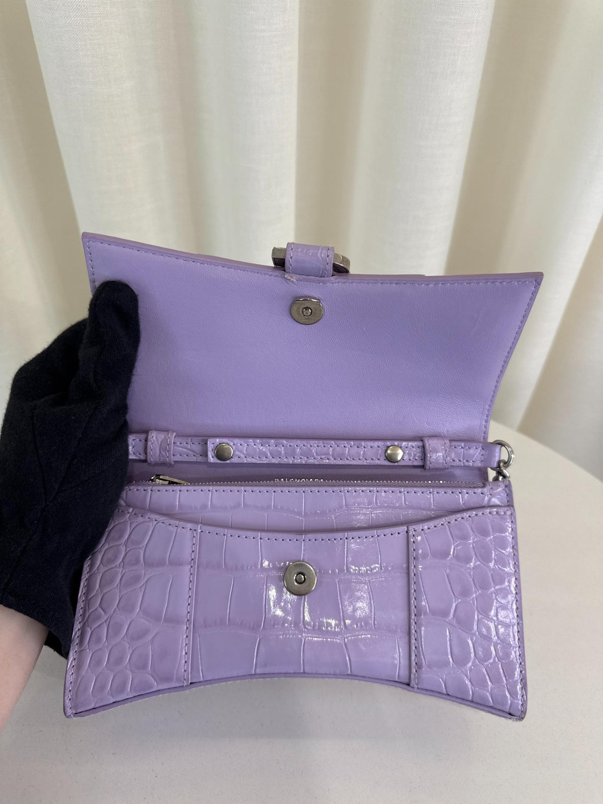 Balenciaga Hourglass Light Purple Croc Embossed Leather Wallet On Chain