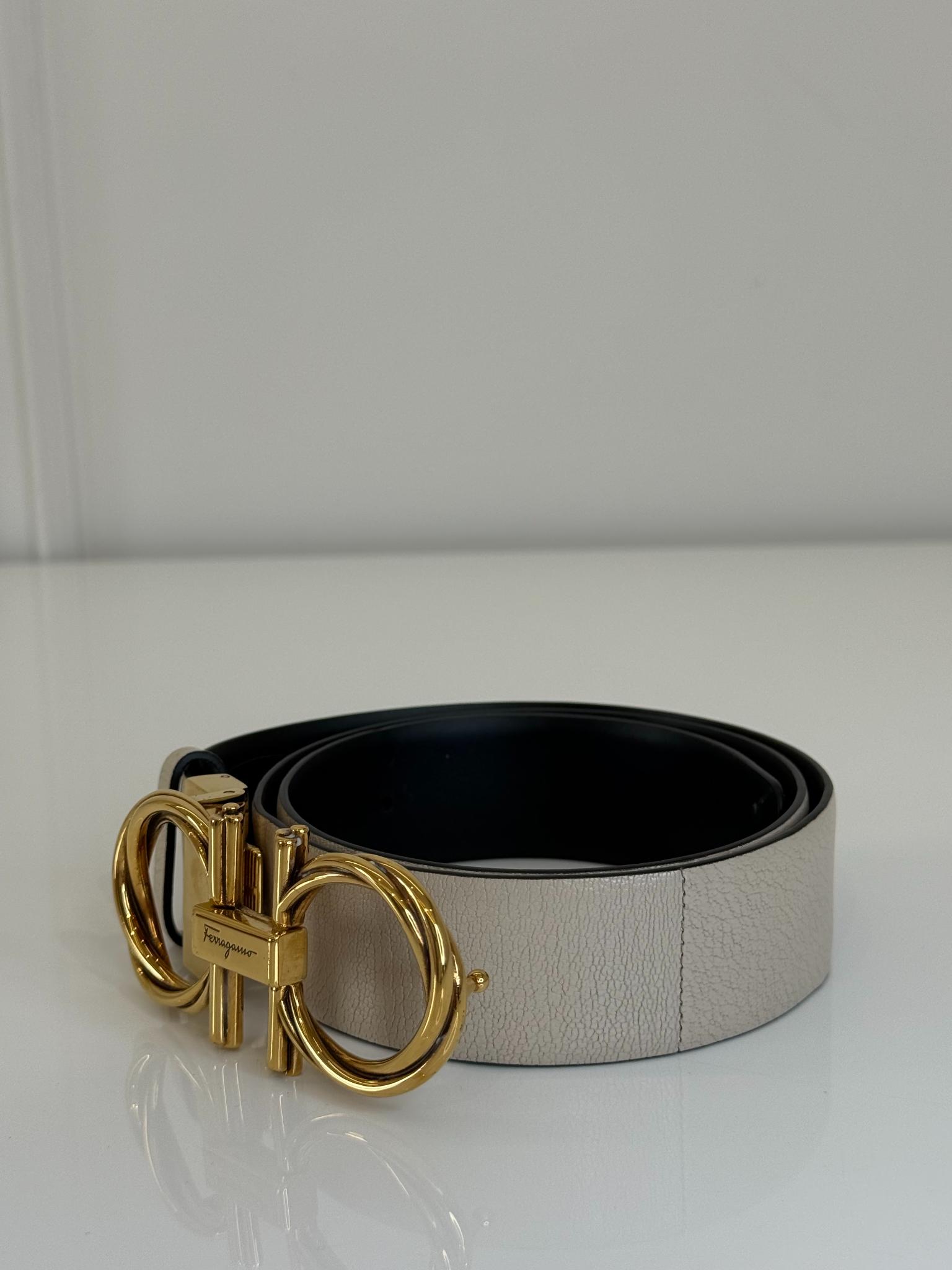 Salvatore Ferragamo Bone/Black Leather Reversible Belt