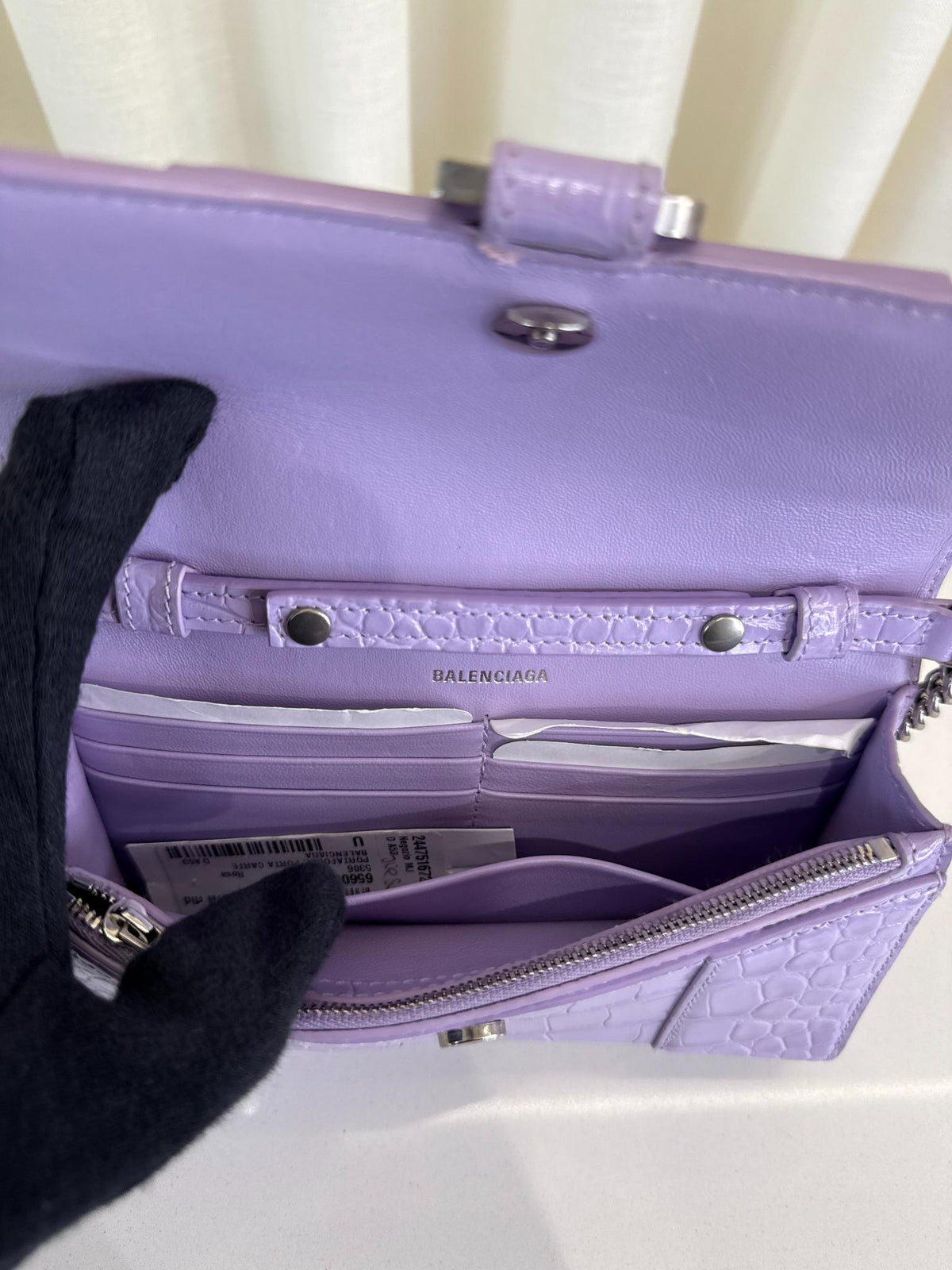 Balenciaga Hourglass Light Purple Croc Embossed Leather Wallet On Chain