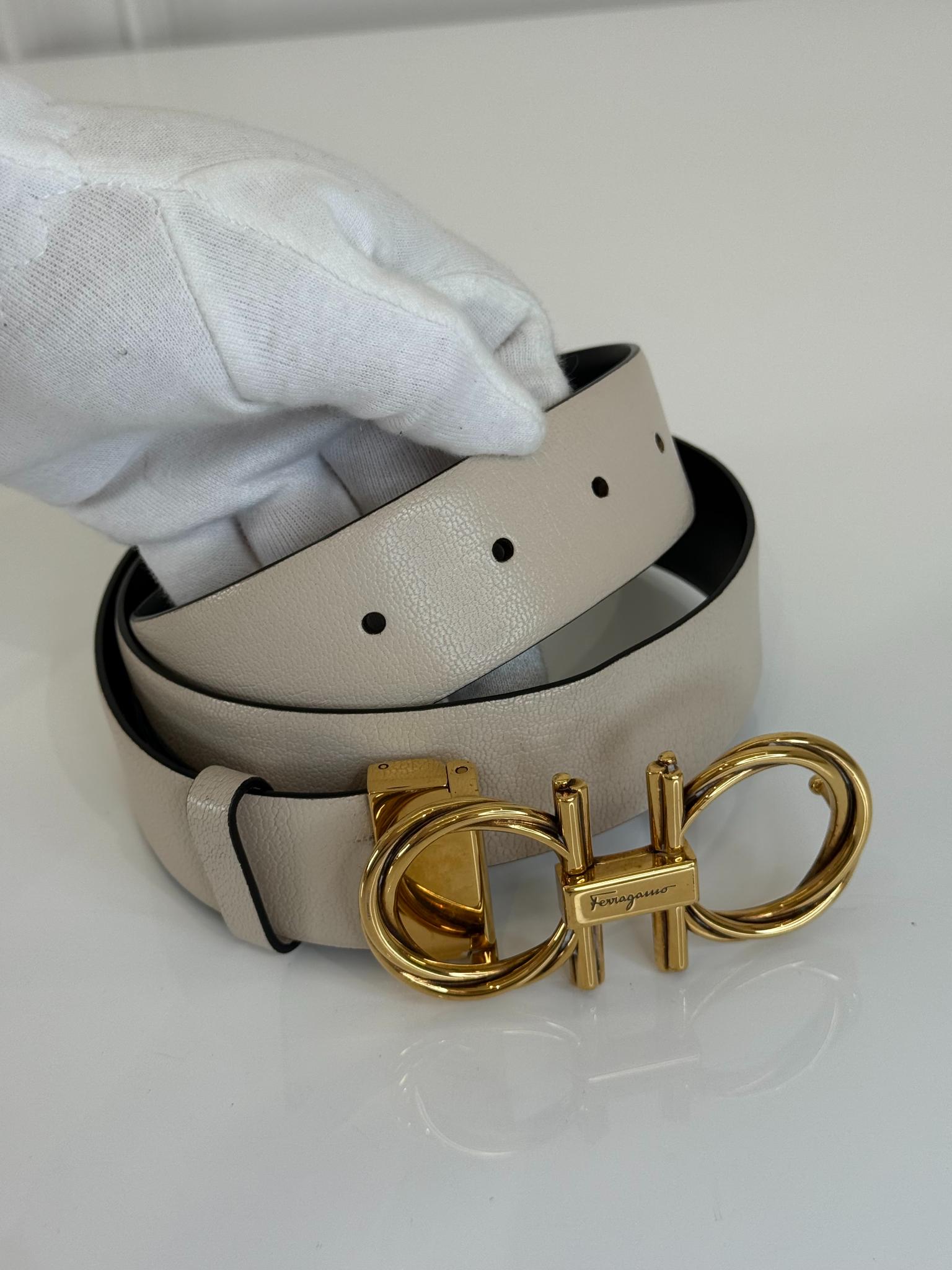 Salvatore Ferragamo Bone/Black Leather Reversible Belt