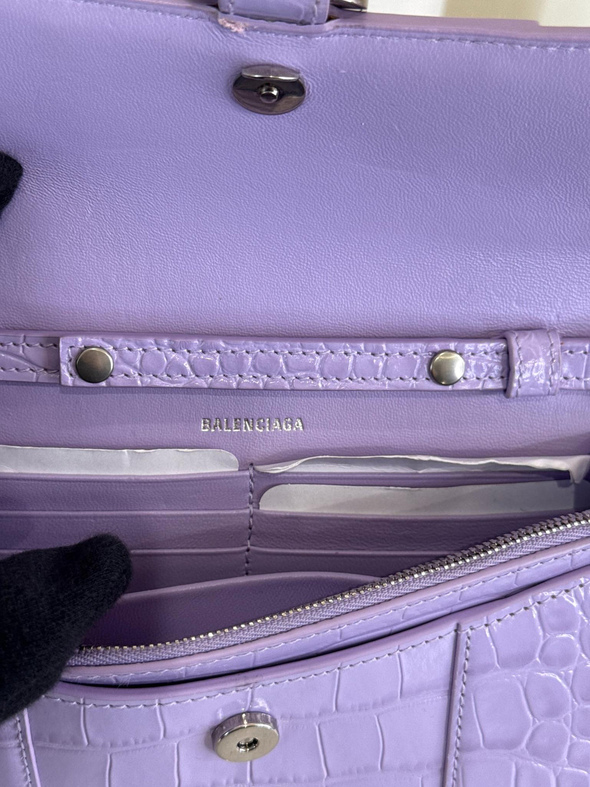 Balenciaga Hourglass Light Purple Croc Embossed Leather Wallet On Chain