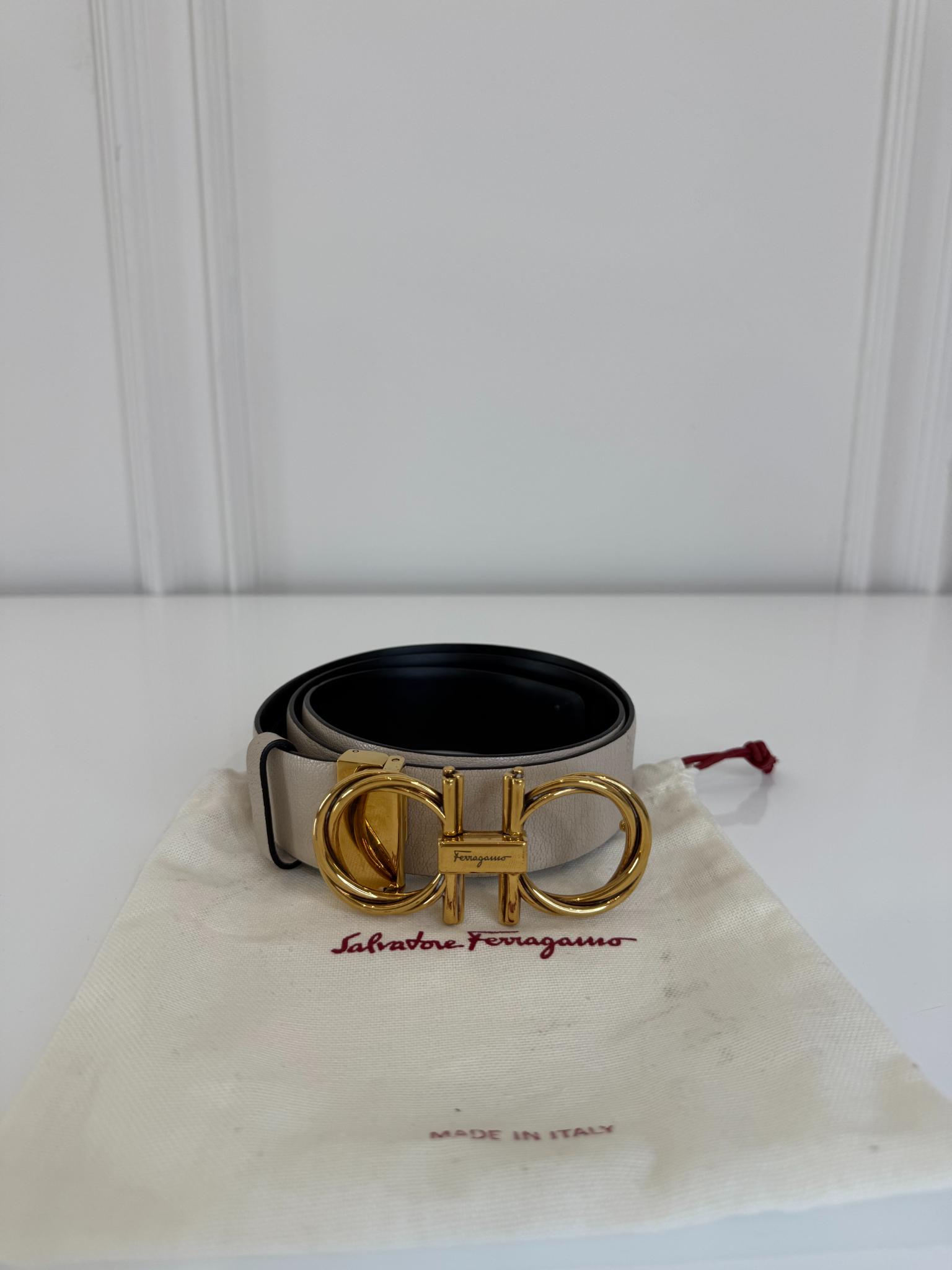 Salvatore Ferragamo Bone/Black Leather Reversible Belt
